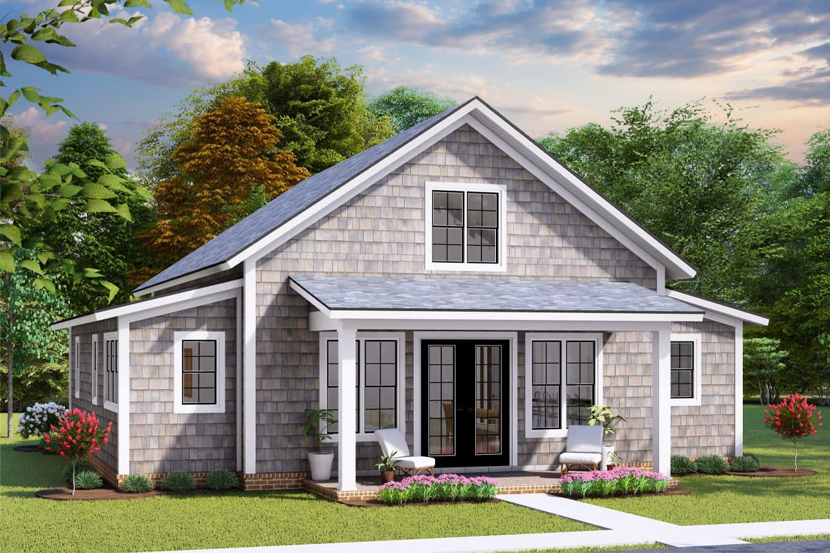 House plan exterior: Gable roof, shingle siding, covered front porch with columns, double entry doors, and multiple windows.