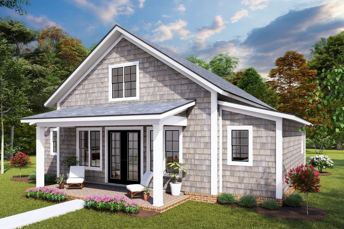 House plan exterior, 1.5 stories, with a covered front porch, gabled roof, and shingle siding.