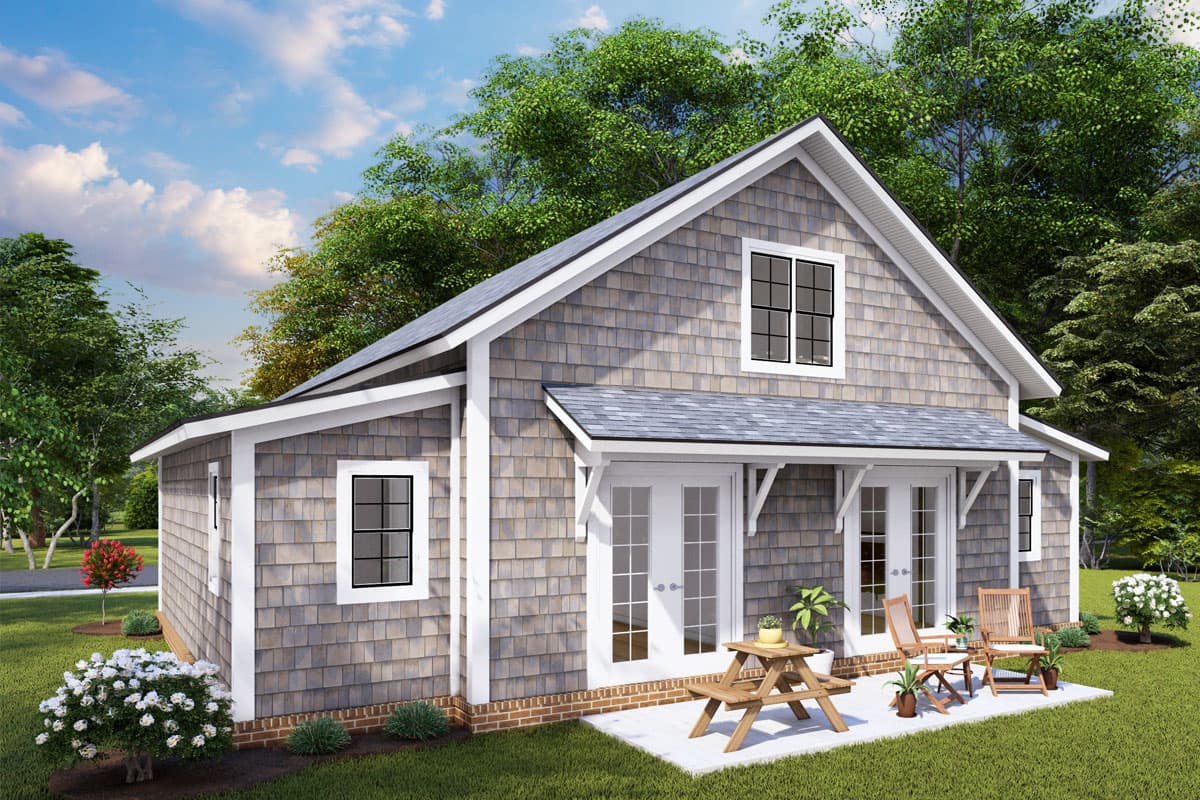 House plan exterior featuring shingle siding, gable roof, dormer, and double front doors with a covered porch.