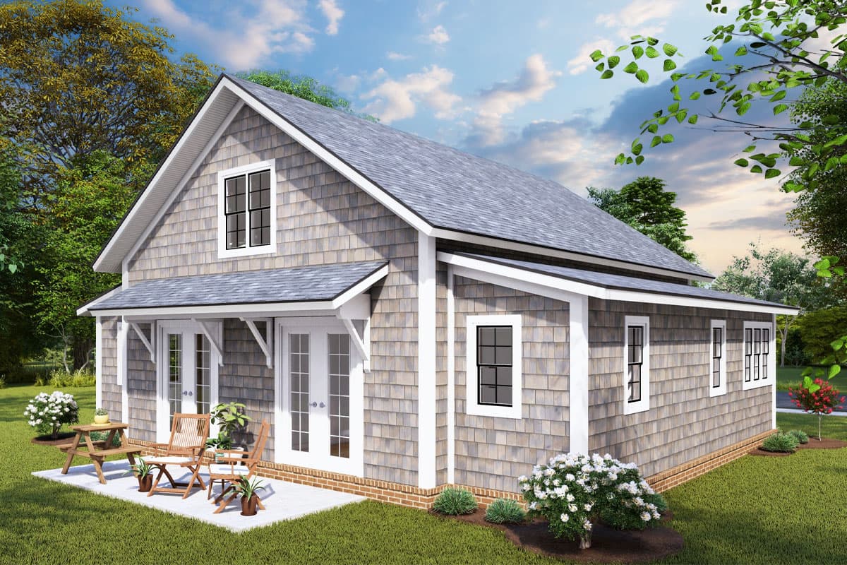Craftsman style house plan exterior, one story, with shingle siding, gables, and a covered porch with double doors.