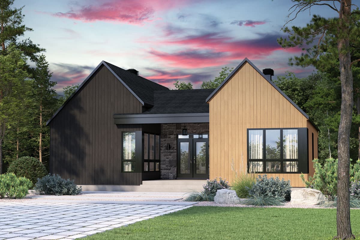 House plan exterior. Modern style with two gabled sections, vertical siding, and a covered entry with stone facade and double doors.