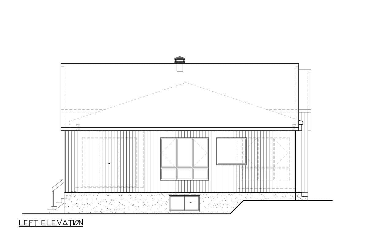 Left elevation drawing of a house plan, showing vertical siding, multiple windows, and a gable roof with a vent.