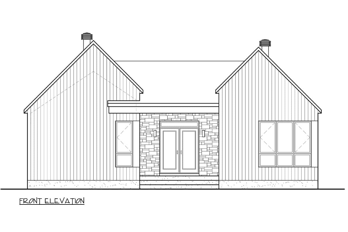 Front elevation of a house plan featuring board and batten siding, a stone-clad entrance, and gabled rooflines.