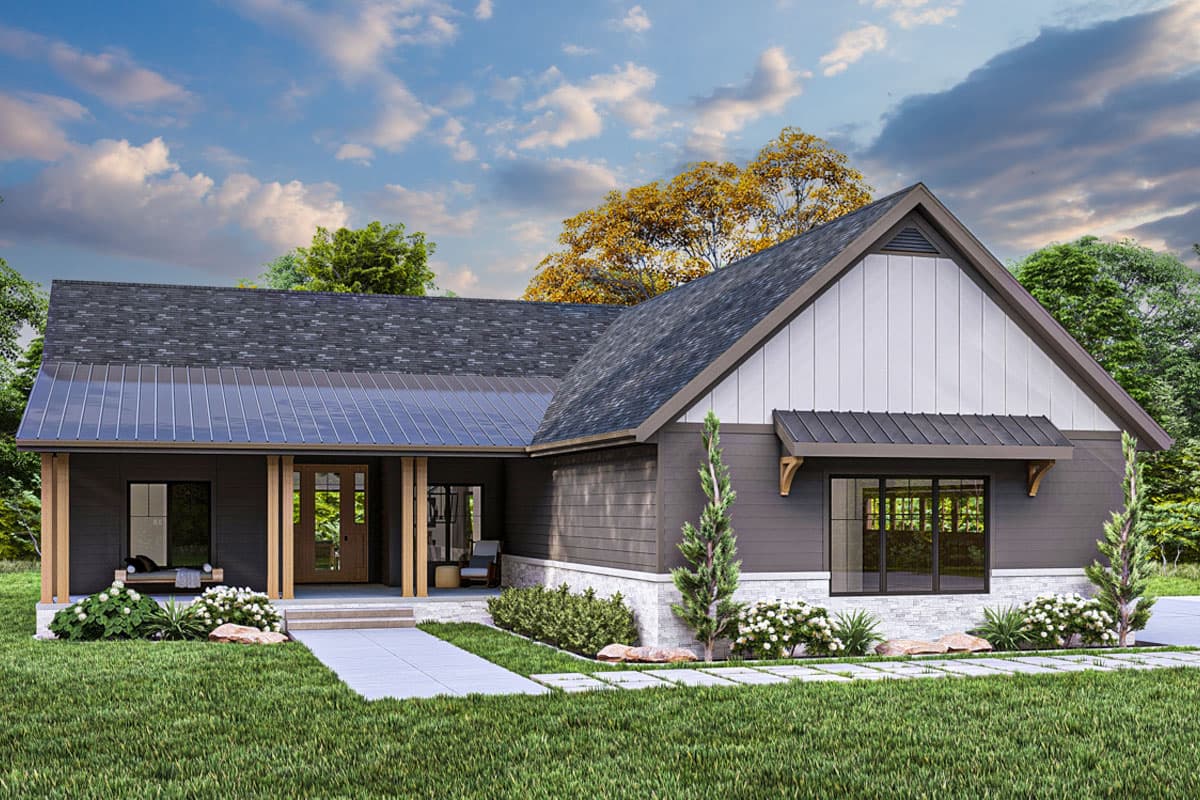 House plan exterior. Modern Farmhouse style with a single story, a covered porch, gabled rooflines, and a metal awning over a window.