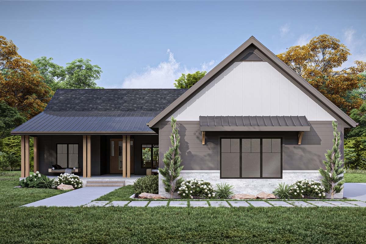 House plan exterior with a covered front porch, metal awning, and a prominent gable end with board and batten siding.