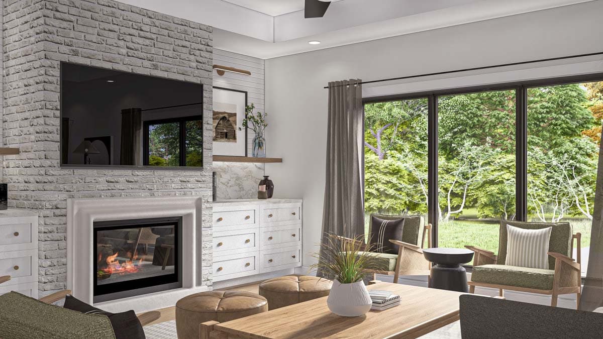 Interior rendering of a living room with a brick fireplace, large windows, and built-in cabinetry.