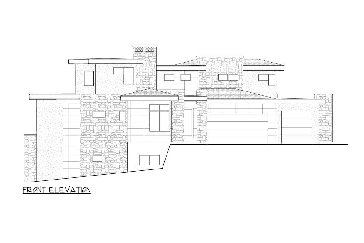 Front elevation drawing of a two-story house with stone facade, flat rooflines, and attached garage.
