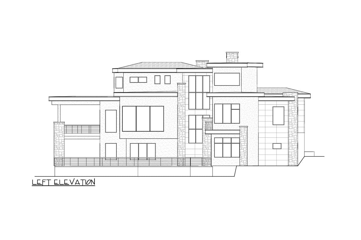House plan left elevation with multiple stories, balconies, large windows, and stone accents.