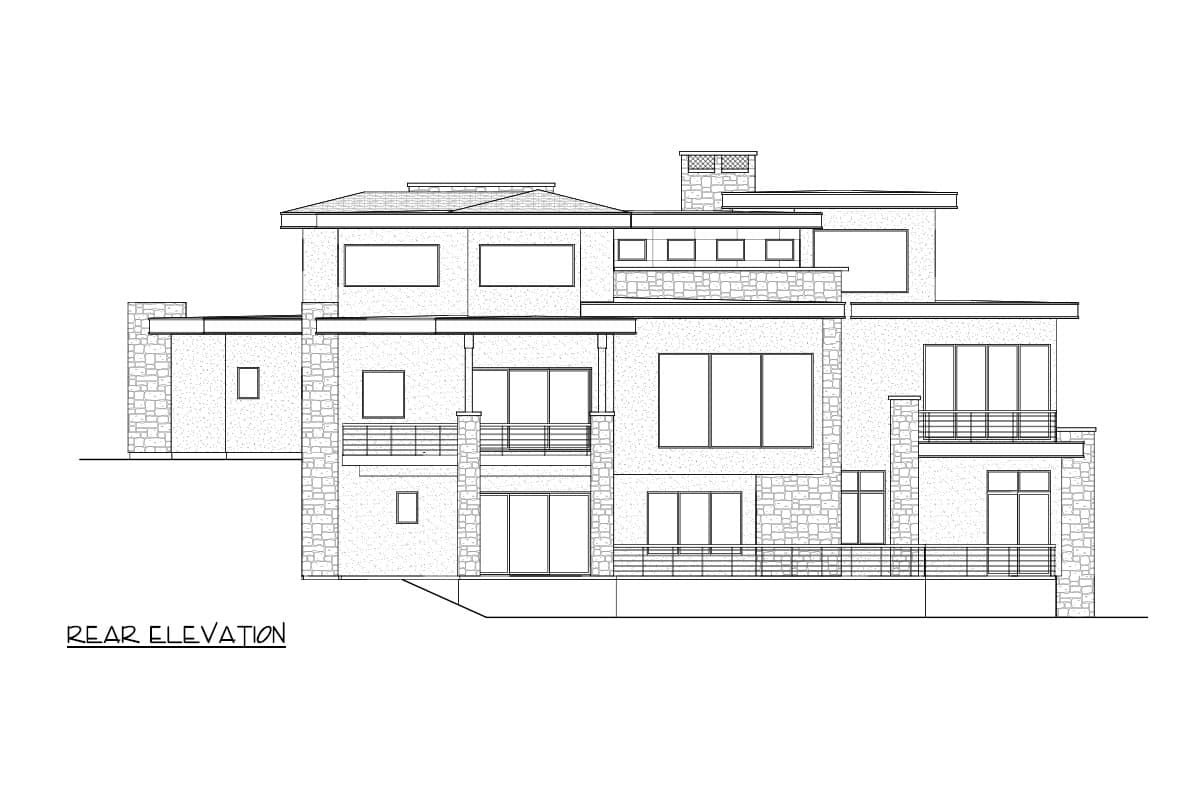 Rear elevation drawing of a multi-story modern house with stone accents, multiple balconies, and flat rooflines.