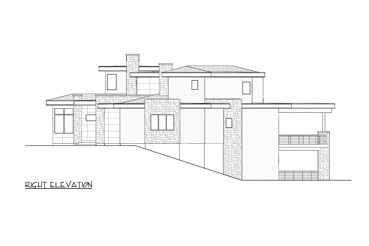 Right elevation drawing of a multi-story modern house plan with stone accents, flat rooflines, and balconies.