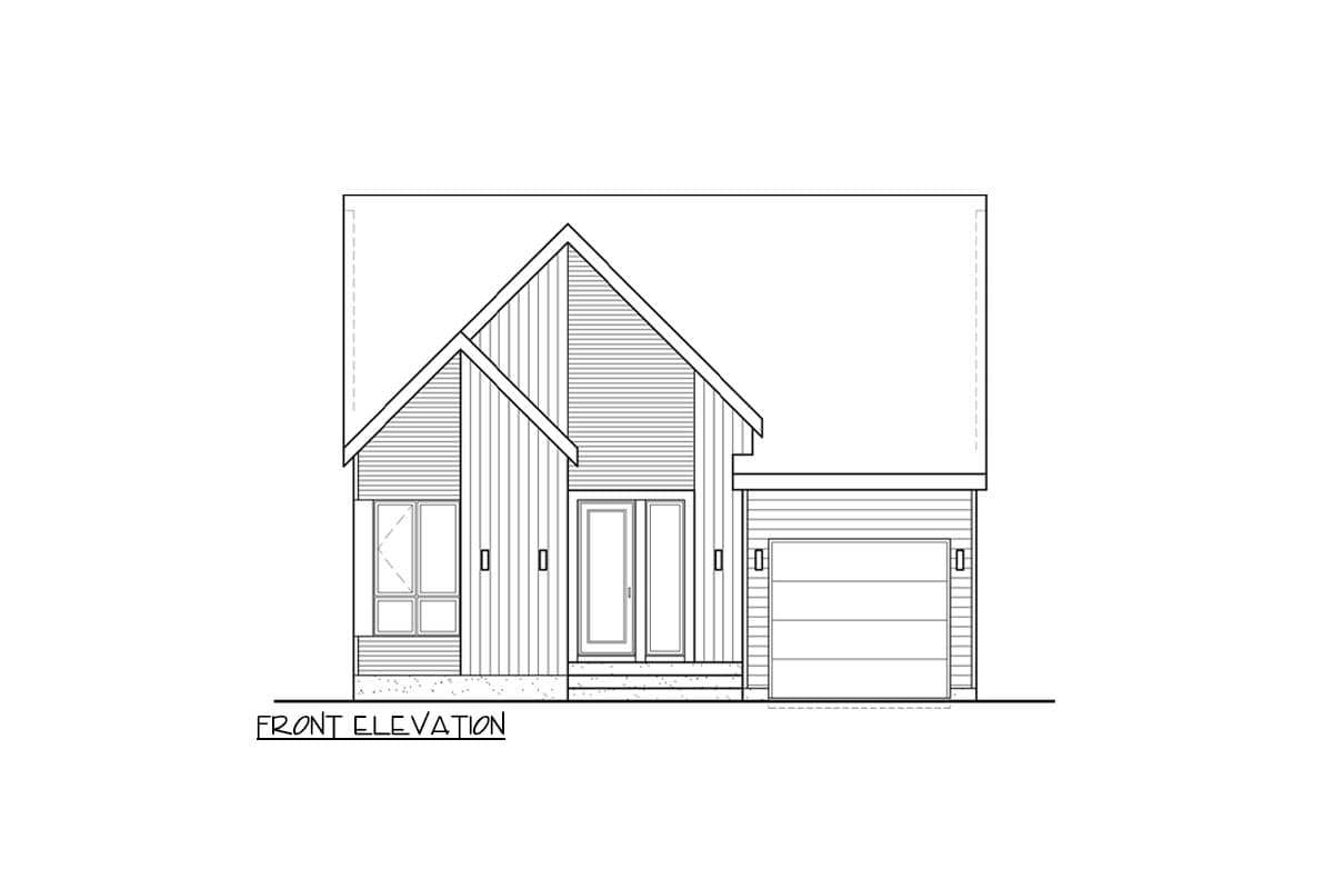Front elevation drawing of a one-story house with a gable roof, double doors, and an attached one-car garage.