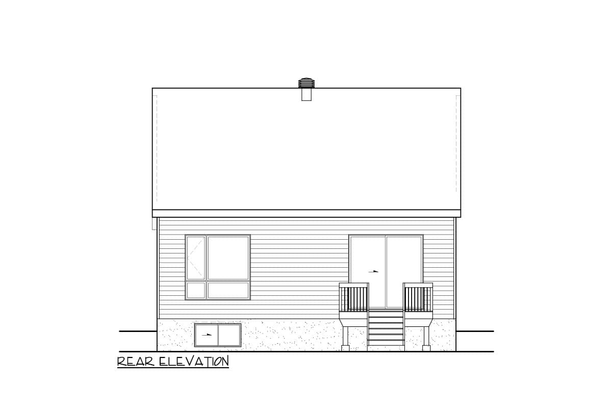 Rear elevation drawing of a house plan, showing horizontal siding, a large window, sliding glass doors with a deck, and a small basement window.