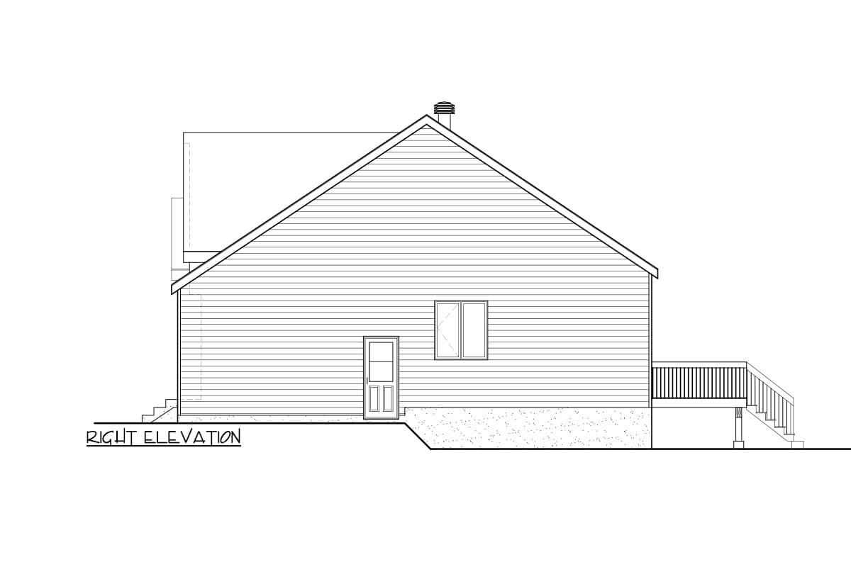Right elevation drawing of a house plan, showing siding, a door, window, chimney, and deck with stairs.