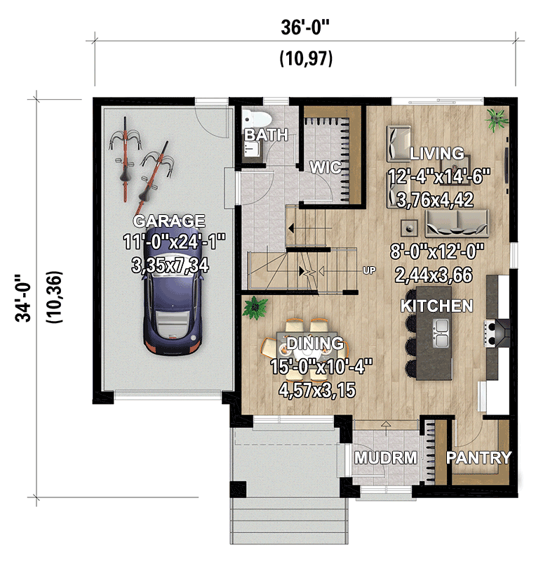 Plan 801167PM: Contemporary 2-Story House Plan with 3 Upstairs Beds and Home Office - 1852 Sq Ft - Floor Plan - Main Level - Contemporary, New American, Transitional