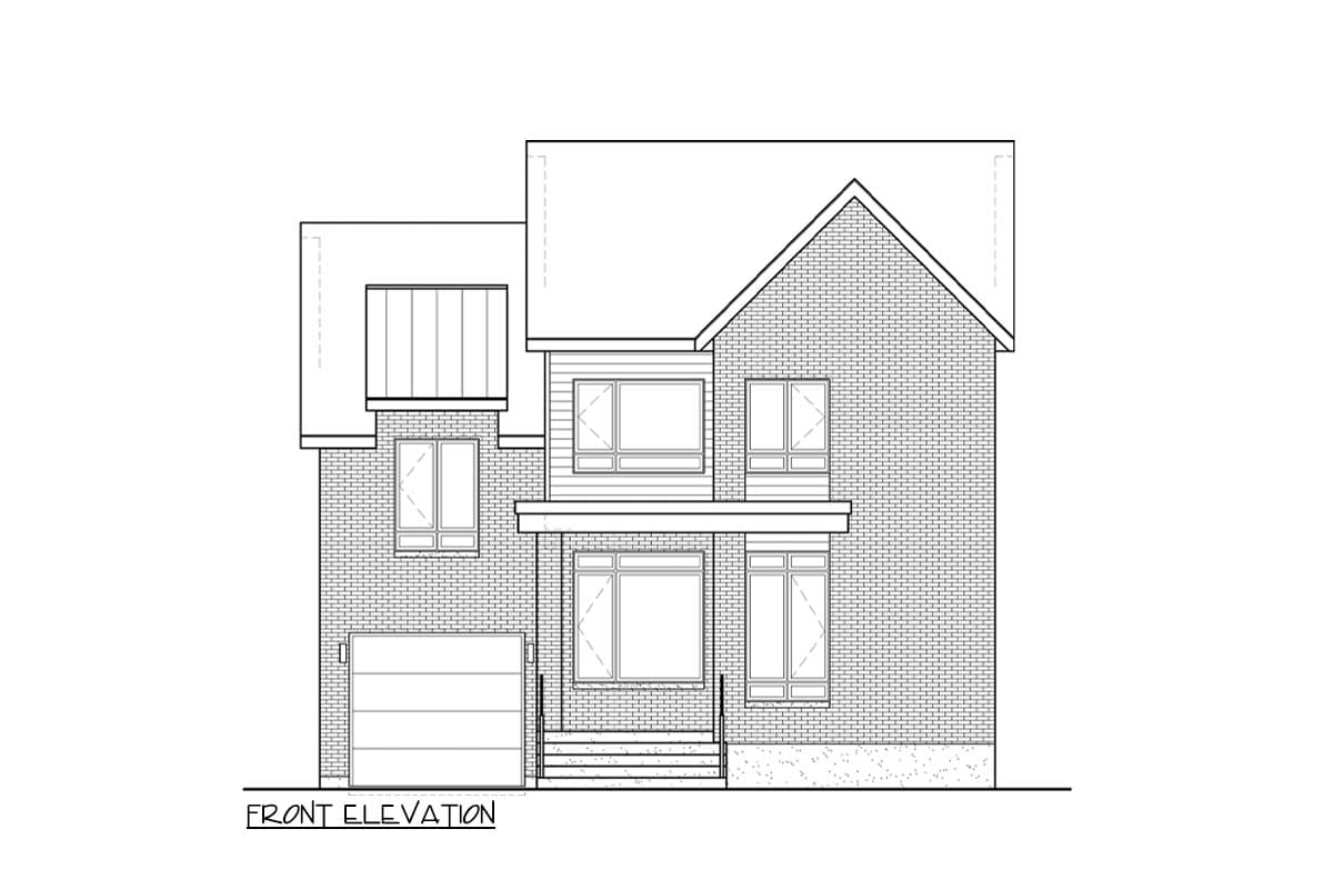 Front elevation of a two-story house plan featuring a gable roof, brick exterior, attached garage, and covered front entry.