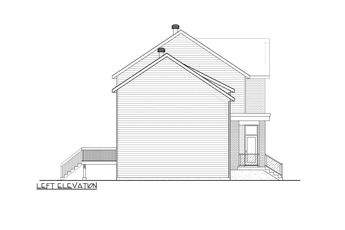 Left elevation drawing of a two-story house with horizontal siding, gable roof, chimney, and side deck with stairs.
