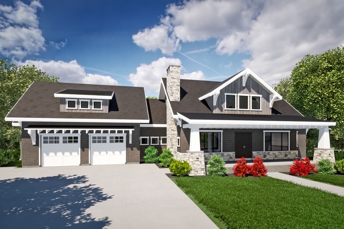 House plan exterior featuring Craftsman style, two stories, front porch, gables, and a stone chimney.