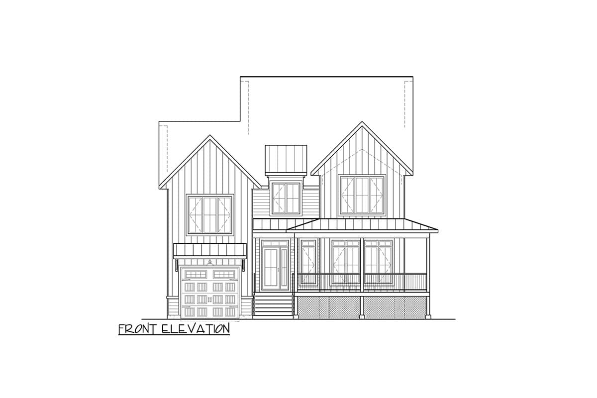 Front elevation house plan showing a two-story home with a gabled roof, front porch, and attached garage.