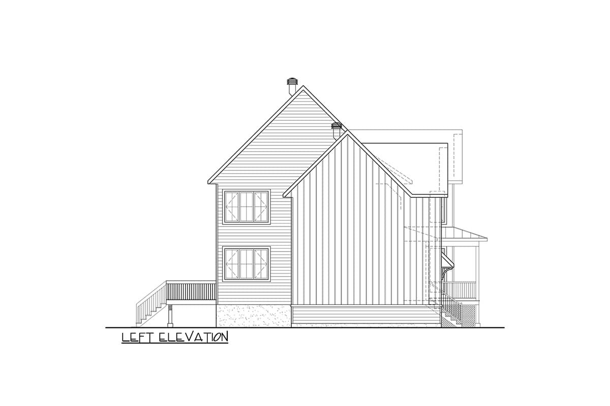 Left elevation house plan with two stories, gabled roof, double-hung windows, and a porch with stairs.