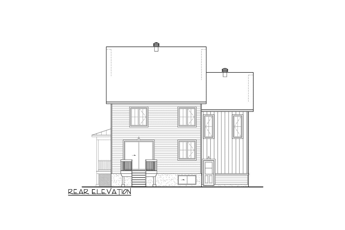 Rear elevation drawing of a two-story house with horizontal siding, multiple windows, and a small porch.