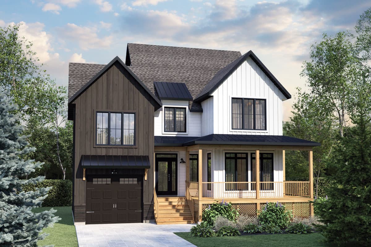 Modern Farmhouse house plan exterior. Two-story home with porch, gables, and a mix of horizontal and vertical siding. Features a detached garage.