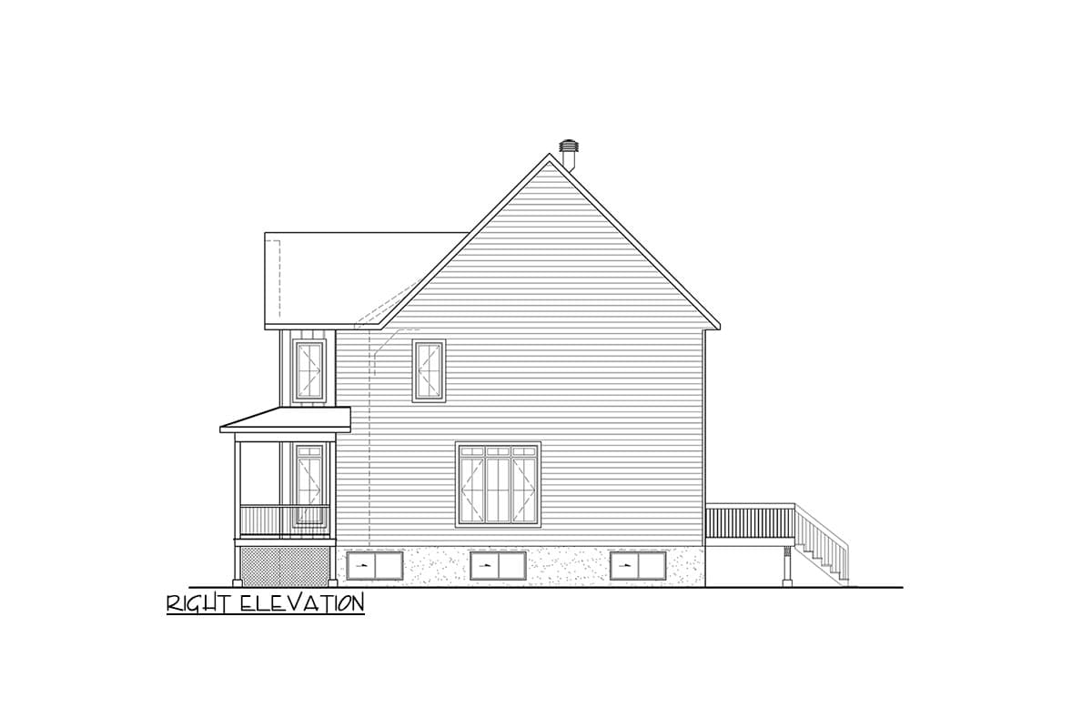 Right elevation house plan with a gabled roof, porch, deck, and multiple windows.
