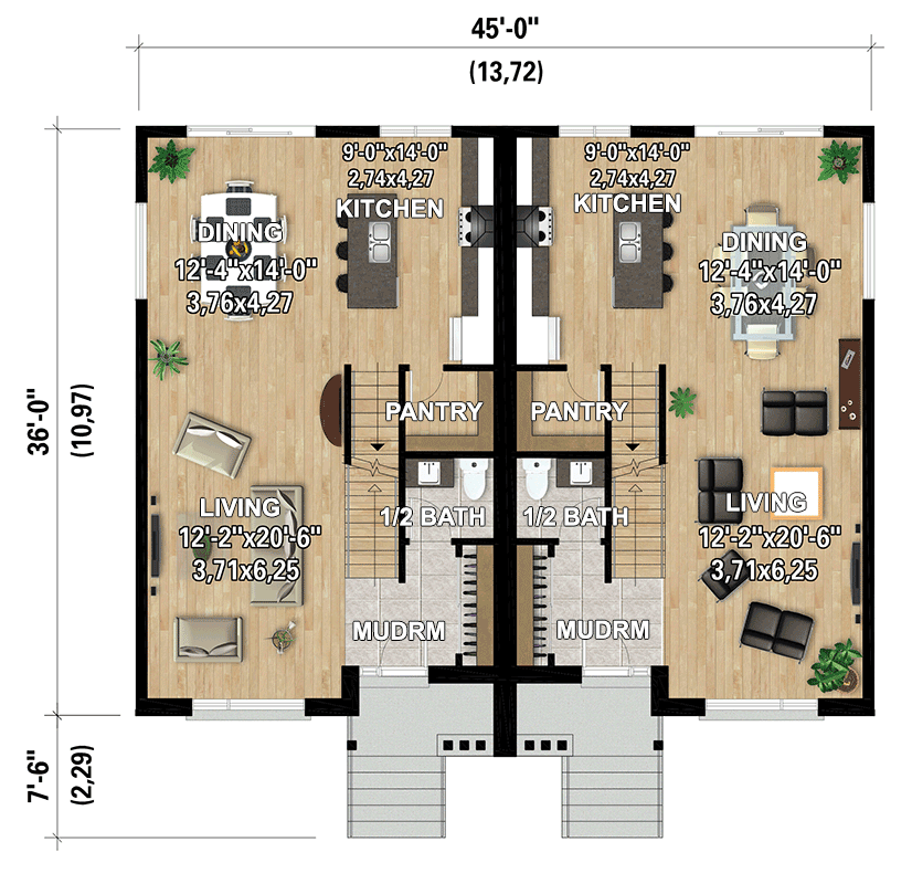 Plan 801171PM: Duplex House Plan with 3 Bed Units with 1 Car Drive Under Garage - 2112 Sq Ft Each - Floor Plan - Main Level - Contemporary, Modern, Transitional