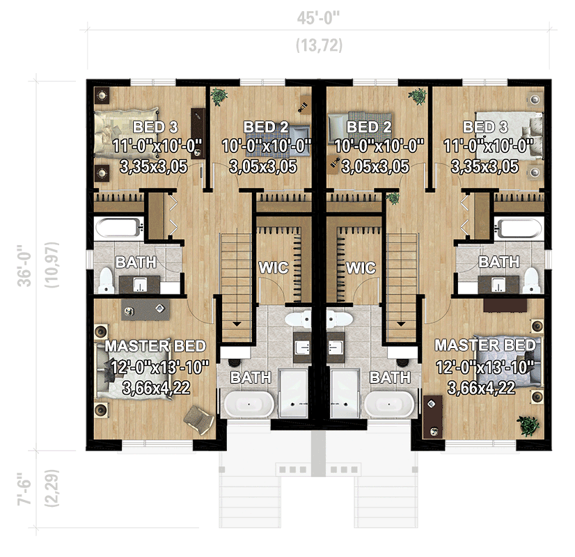 Plan 801171PM: Duplex House Plan with 3 Bed Units with 1 Car Drive Under Garage - 2112 Sq Ft Each - Floor Plan - 2nd Floor - Contemporary, Modern, Transitional