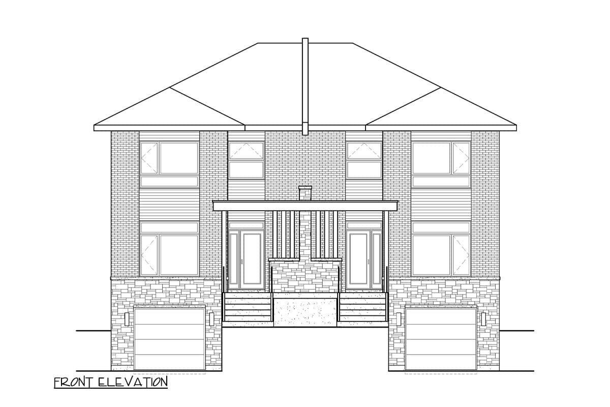 Front elevation drawing of a two-story duplex with two garages, symmetrical entry, and a prominent central chimney.