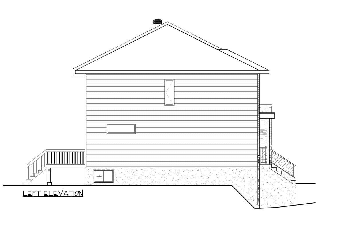 Left elevation floor plan drawing showing a house with horizontal siding, a gabled roof, a deck, and a foundation.