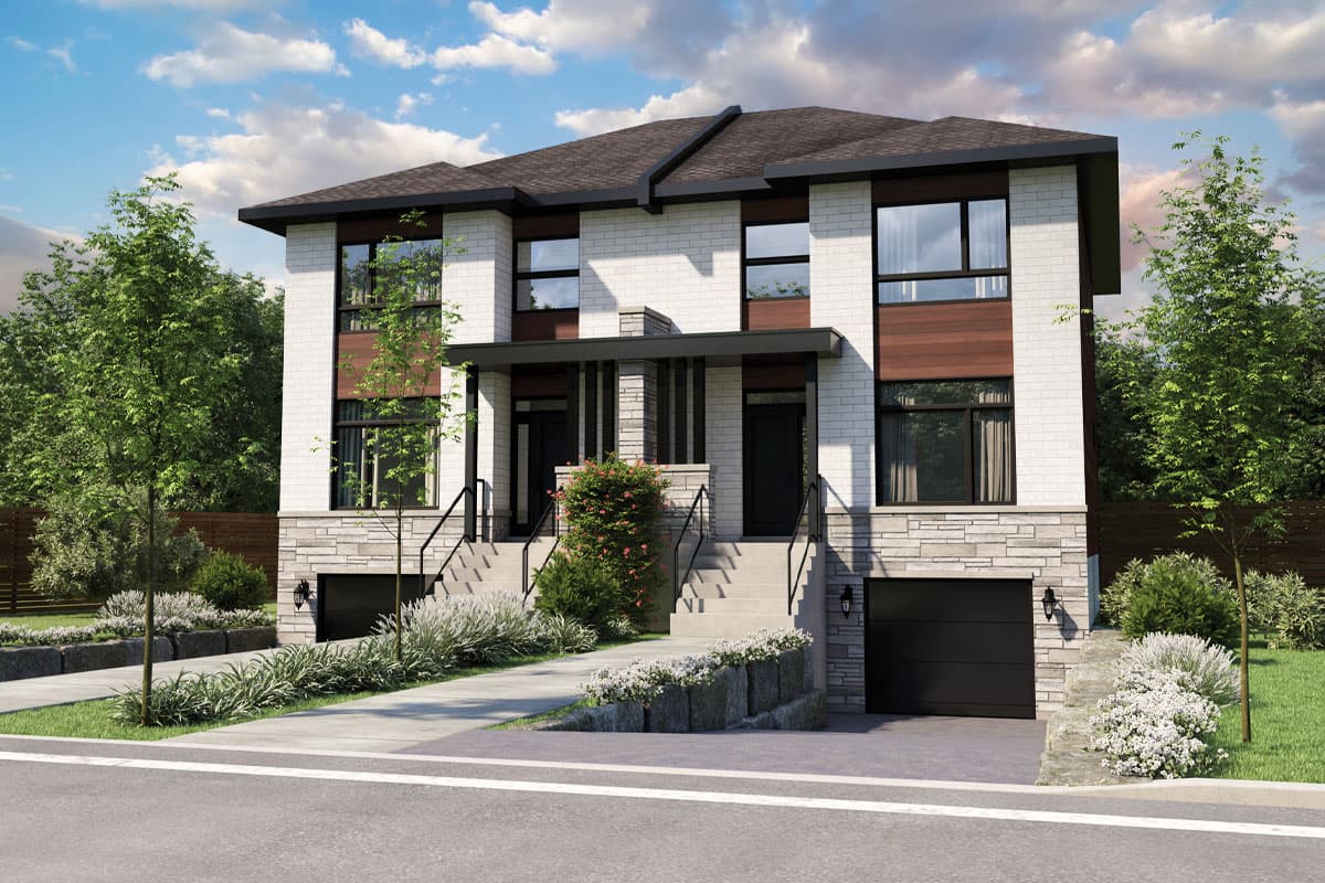 House plan exterior. Two-story, Modern style duplex with brick and wood accents. Features include covered entry, two-car garage, and a flat roofline.