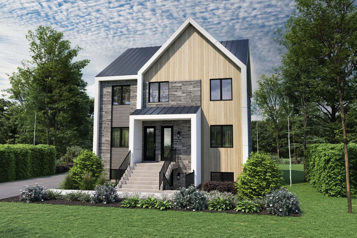 House plan exterior with two stories. Modern style with board and batten siding, gabled roof, and covered entry porch with stairs.