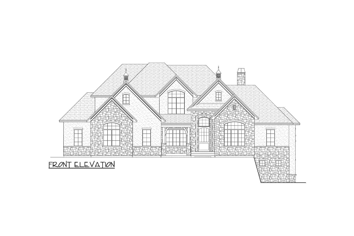 Front elevation drawing of a two-story house with stone accents, arched windows, multiple gables, and a covered entryway.