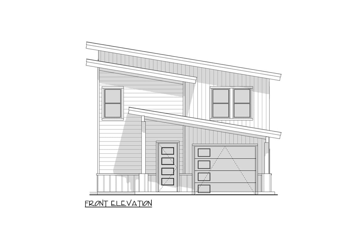 Front elevation drawing of a two-story house plan with modern rooflines, a side-entry garage, and horizontal siding.