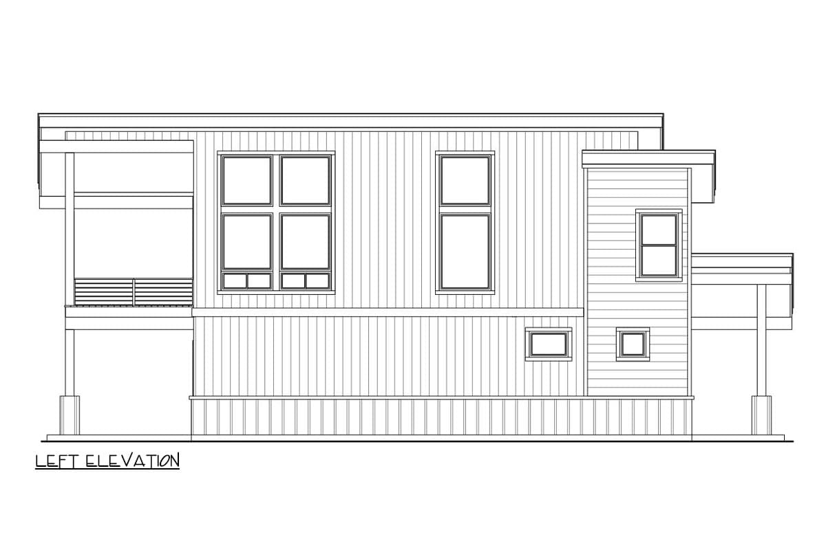 Left elevation drawing of a modern house plan with a covered porch, varied window sizes, and horizontal siding.