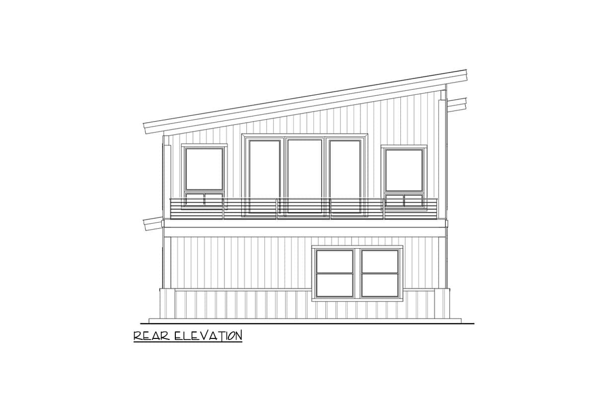 Rear elevation drawing of a two-story house with a sloped roof, balcony, and vertical siding.