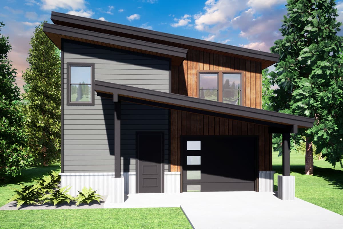 House plan exterior. Two-story Modern house with a shed roof, garage, and front porch. Features wood siding, horizontal siding, and a covered entry.