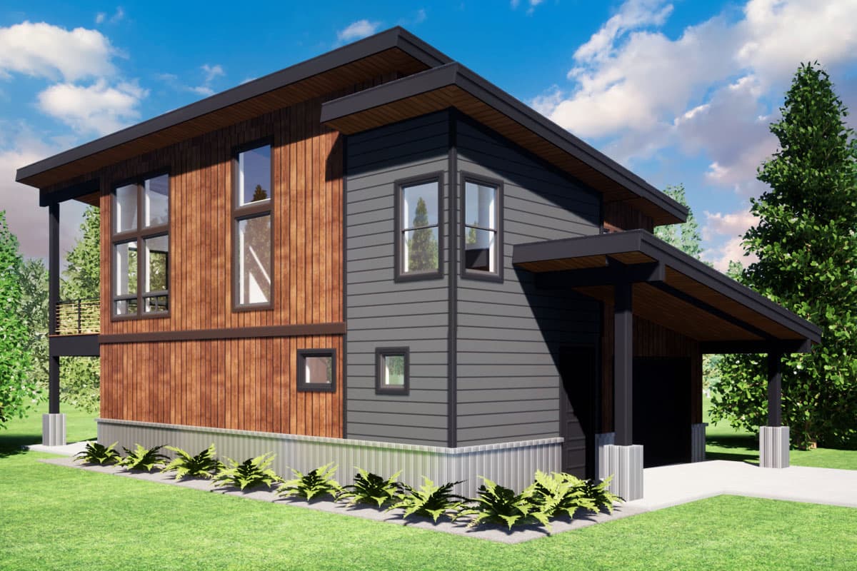 Modern two-story house plan exterior with vertical wood siding, dark horizontal siding, large windows, and a covered carport.
