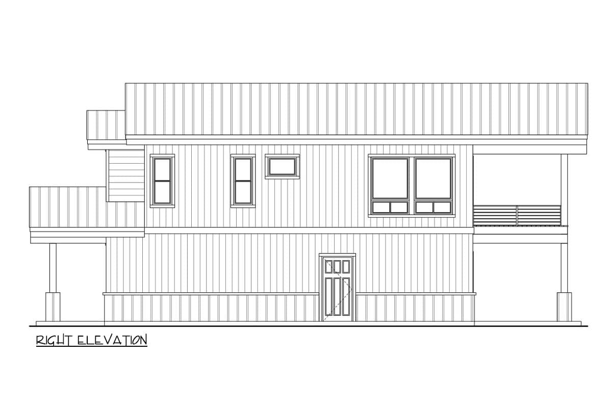 Right elevation drawing of a house plan, showing two stories, a main entrance door, multiple windows, and a covered porch.