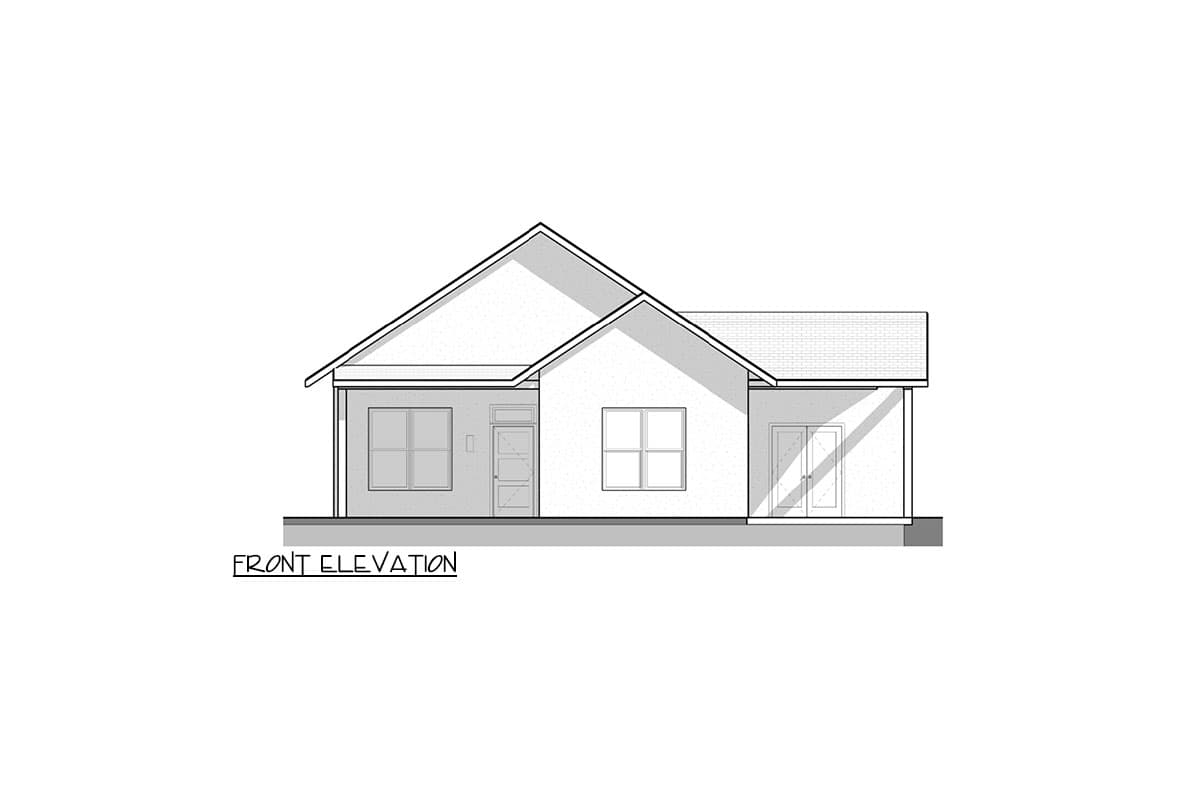 Front elevation drawing of a one-story house with a prominent gable, central entry door, and side porch with double doors.