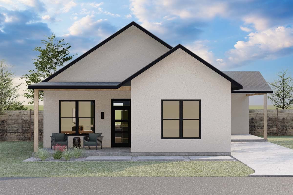 House plan exterior. Modern style with one story, gabled roof, and covered porch. Features include large windows and a dark-framed glass door.
