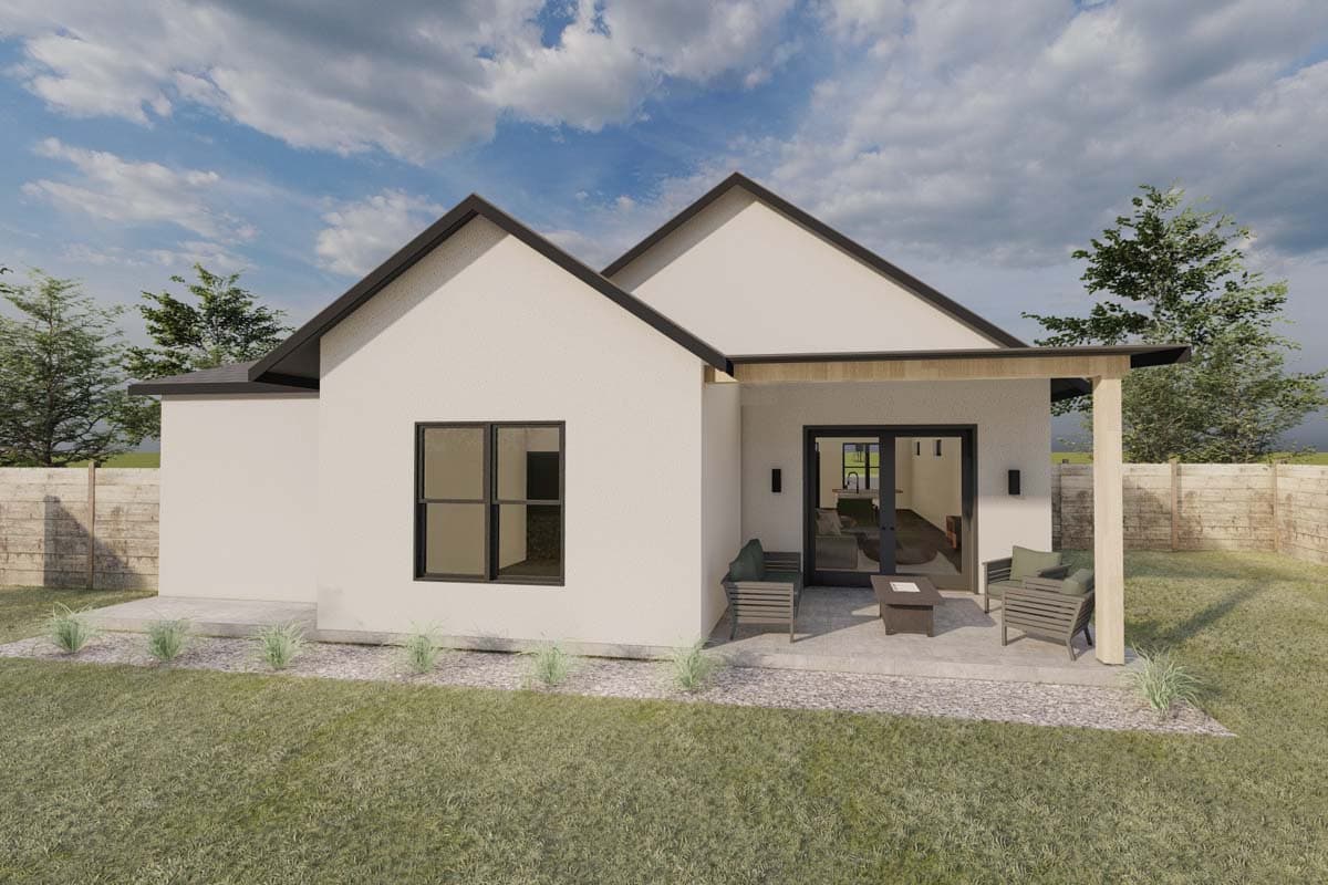 House plan exterior of a one-story modern home with gabled roof, large window, and covered patio with seating.