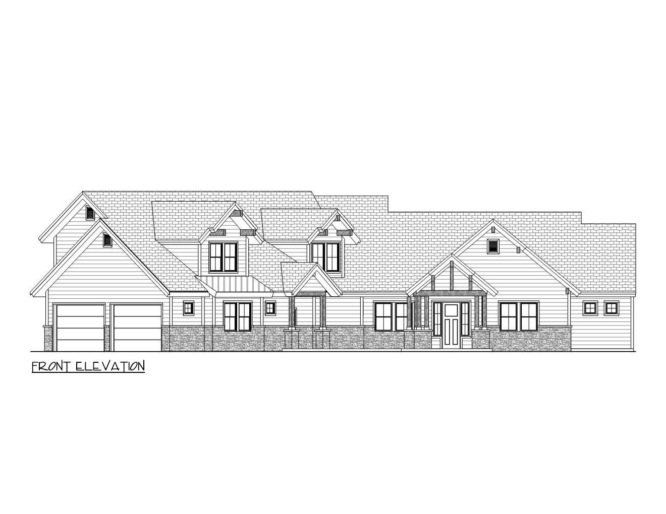 Front elevation house plan showing a two-story home with a two-car garage, stone base, covered porch, and multiple gables.
