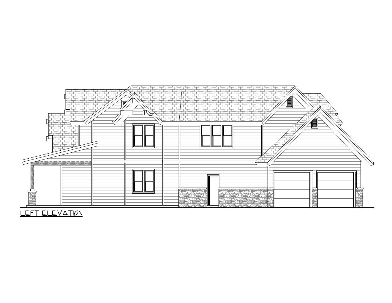 Left elevation drawing of a two-story house plan with a covered porch, gables, stone accents, and a two-car garage.