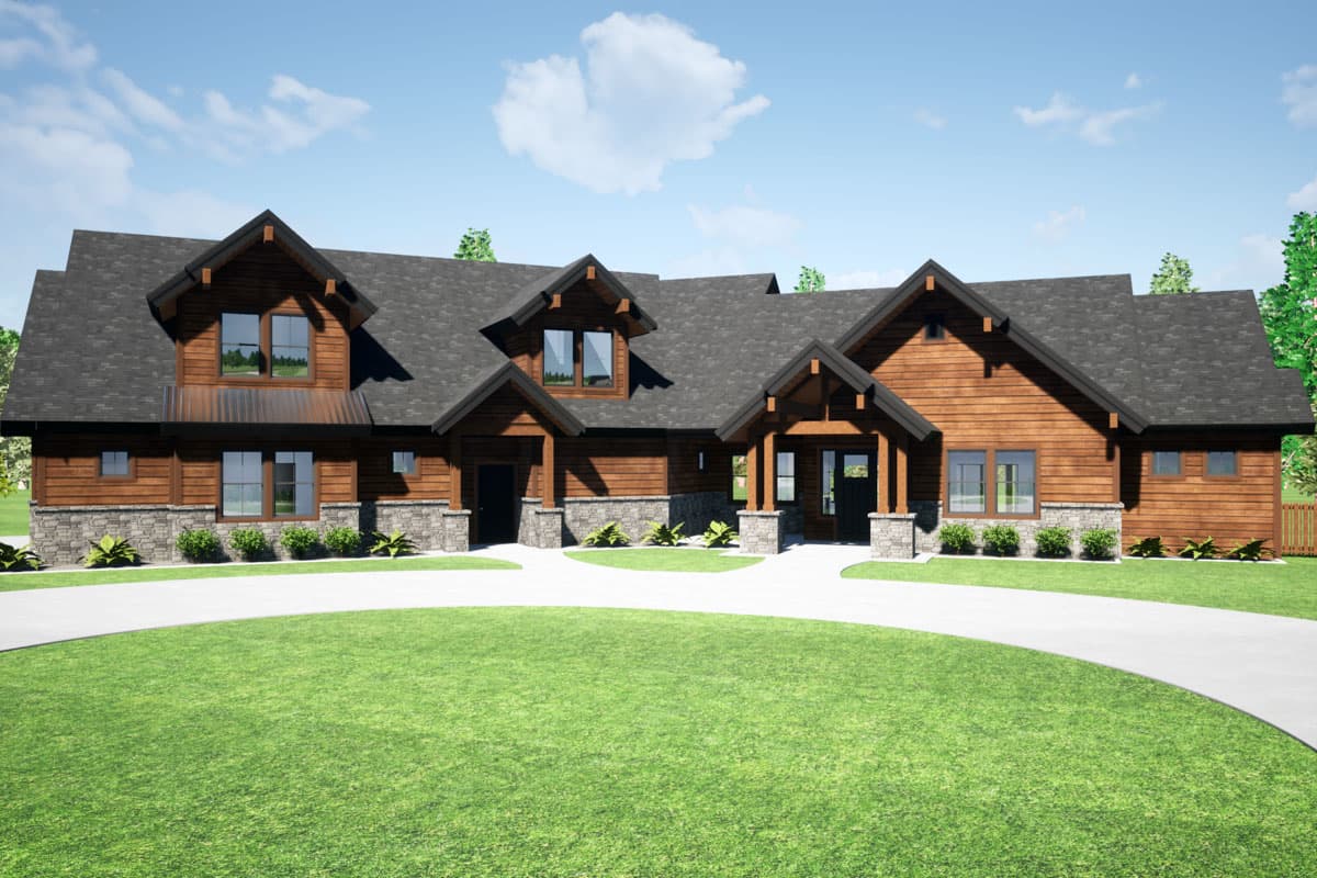House plan exterior featuring a two-story Craftsman style. Notable features: gabled rooflines, stone accents, and a covered entry.