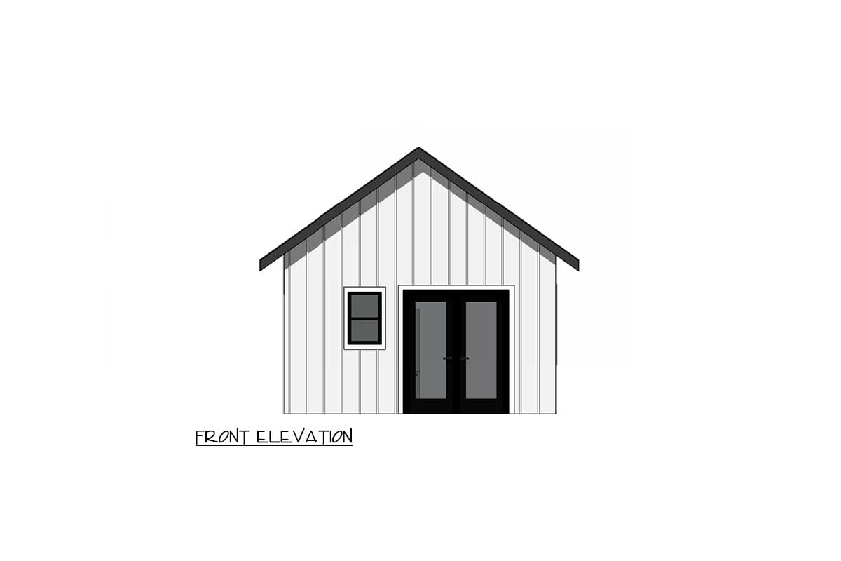 Front elevation drawing of a house with vertical siding, a gabled roof, one window, and double doors.