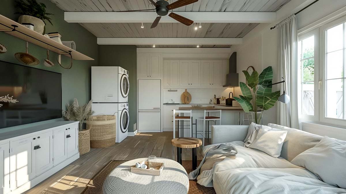 Interior view showing a living area with a sectional sofa and kitchen with white cabinets, stacked washer/dryer, and wood ceiling.