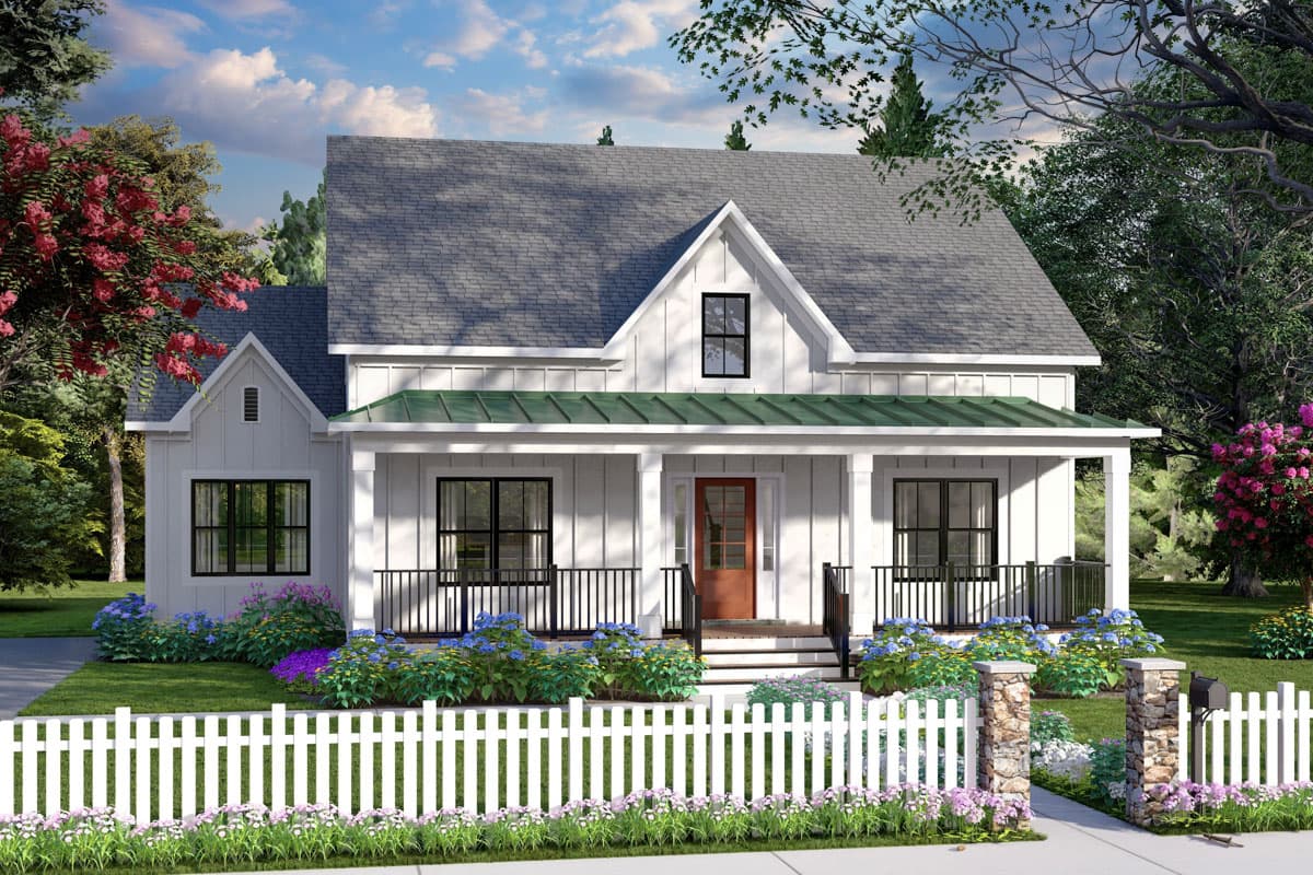 House plan exterior. Two-story farmhouse with a front porch, gables, and a traditional roofline. Includes a white picket fence and landscaping.
