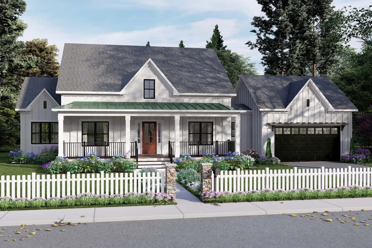 Modern Farmhouse house plan exterior with a covered porch, gables, board and batten siding, and a two-car garage.