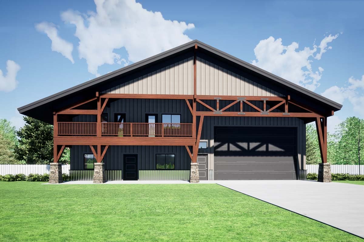 House plan exterior. Two-story with open porch, shed roof, and timber frame accents. Includes a garage with an overhead door.